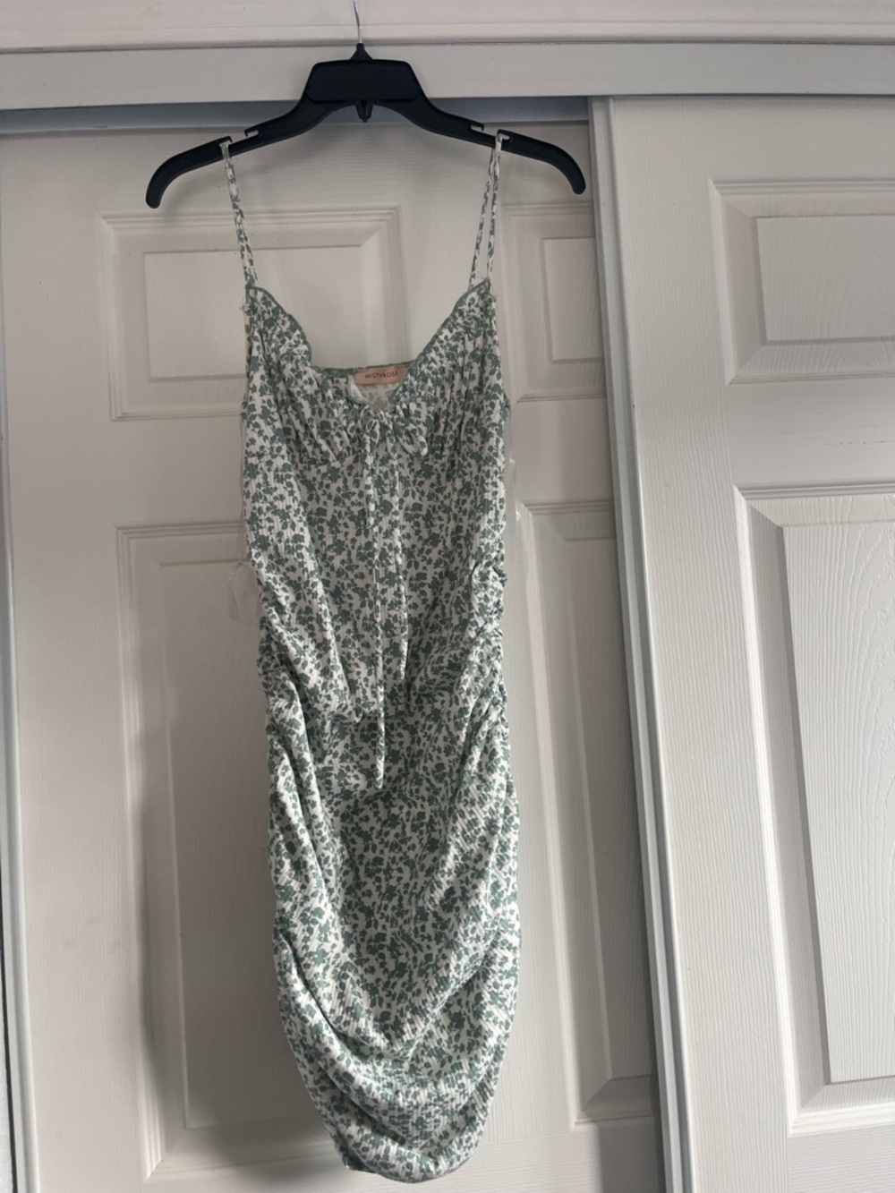 Short white base green flower dress scrunched on both sides
